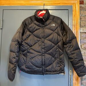 Northface, dark grey outside and hot pink inside, size large puffer